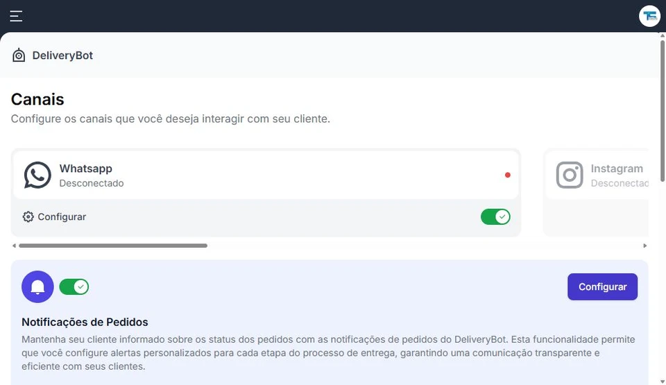 Configuração do DeliveryBot e canais de atendimento