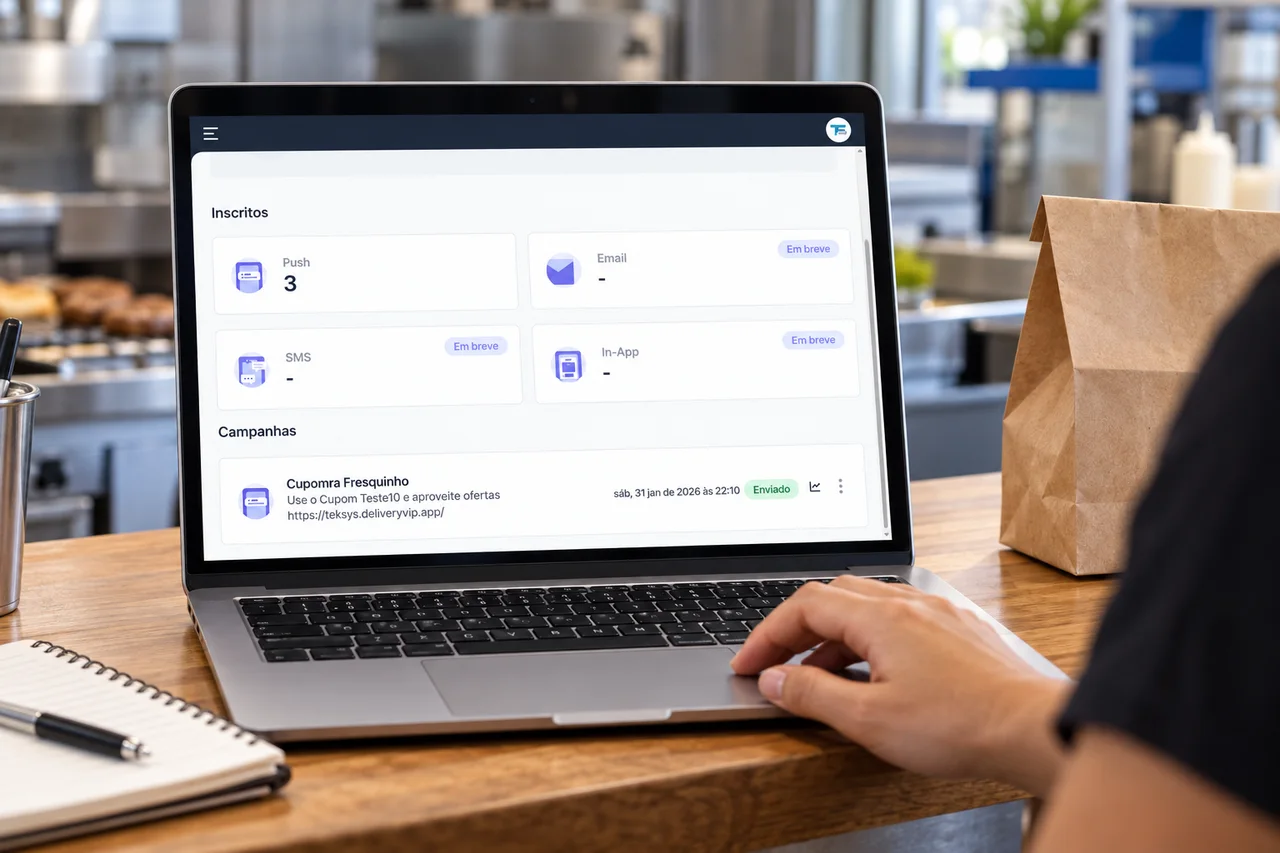 Planejamento de campanha push TEKSYS no balcão de um restaurante